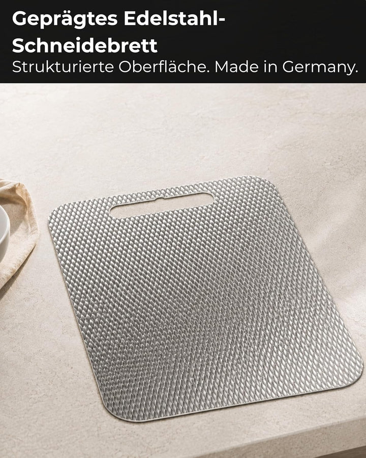 Premium Edelstahl Schneidebrett – Kratzarme Optik &amp; Spülmaschinengeeignet | Made in Germany, geprägt