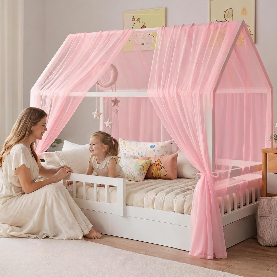 Hausbett Himmel Set, 2 Stück Betthimmel Hausbett, Leichter Atmbar Mailänder Gaze Himmelbett Vorhänge