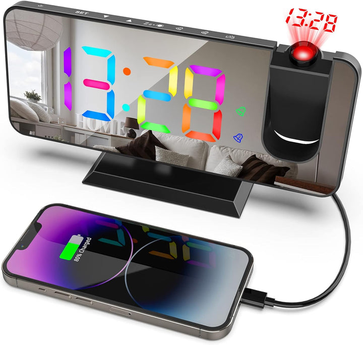 Exmate Projektionswecker, Digital Wecker mit Projektion, USB-Ladeanschluss, 7.5'' Dynamischer RGB-Sp