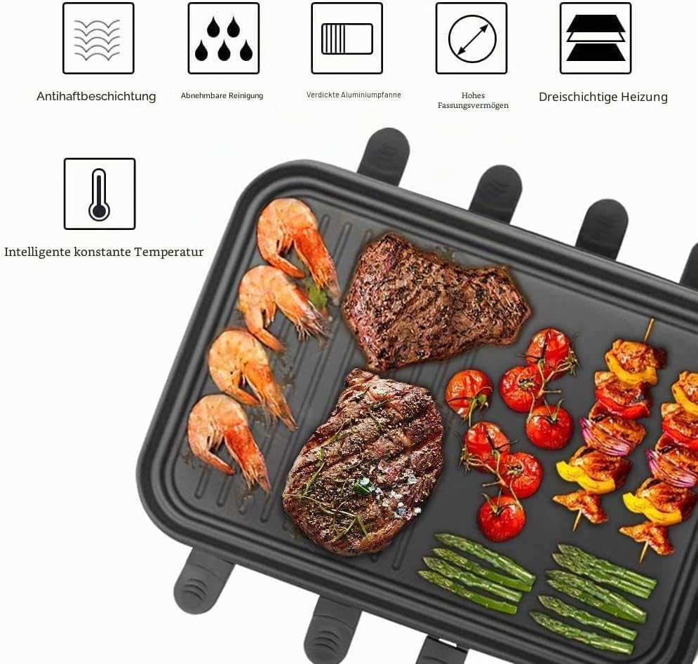 Raclette Grill 8 Personen Grillplatte Antihaftbeschichtet, Raclette mit 8 Mini Raclette Pfännchen &