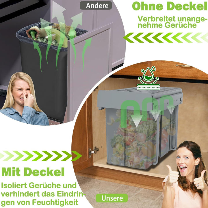 XMTECH Einbaumülleimer Küche Auszug, Einbaumülleimer Unterschrank Müll-Trennsystem, 2 Fächer Auszieh