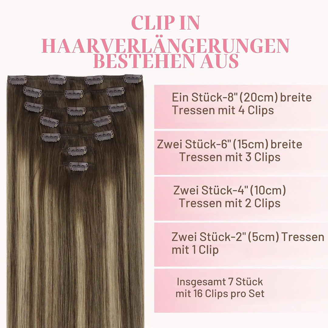GOO GOO Clip in Extensions Echthaar, Echthaar Extensions Clip, 35cm 120g 7pcs, Extensions Echthaar,