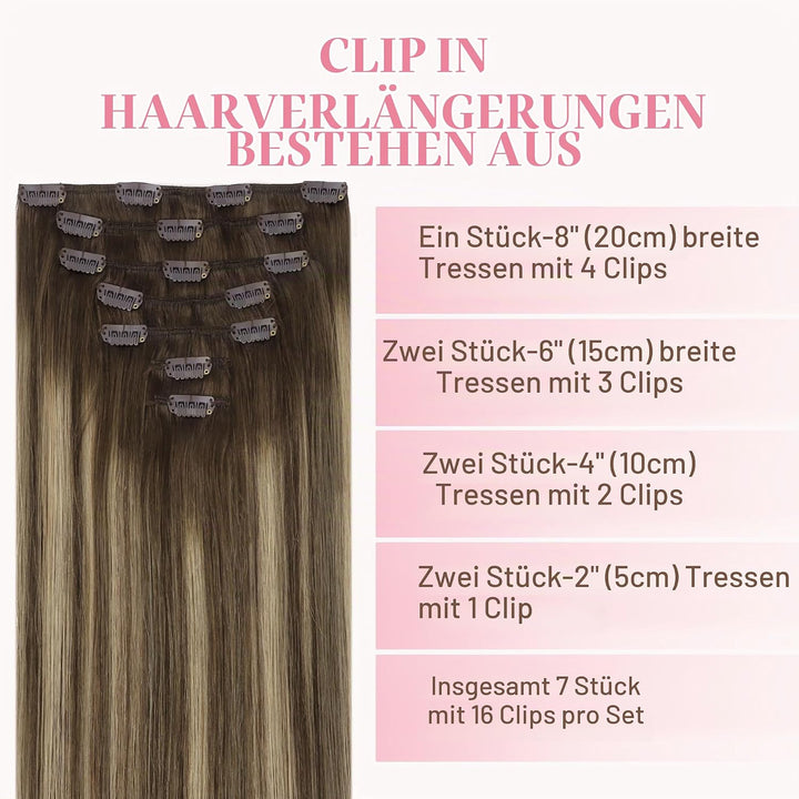 GOO GOO Clip in Extensions Echthaar, Echthaar Extensions Clip, 35cm 120g 7pcs, Extensions Echthaar,