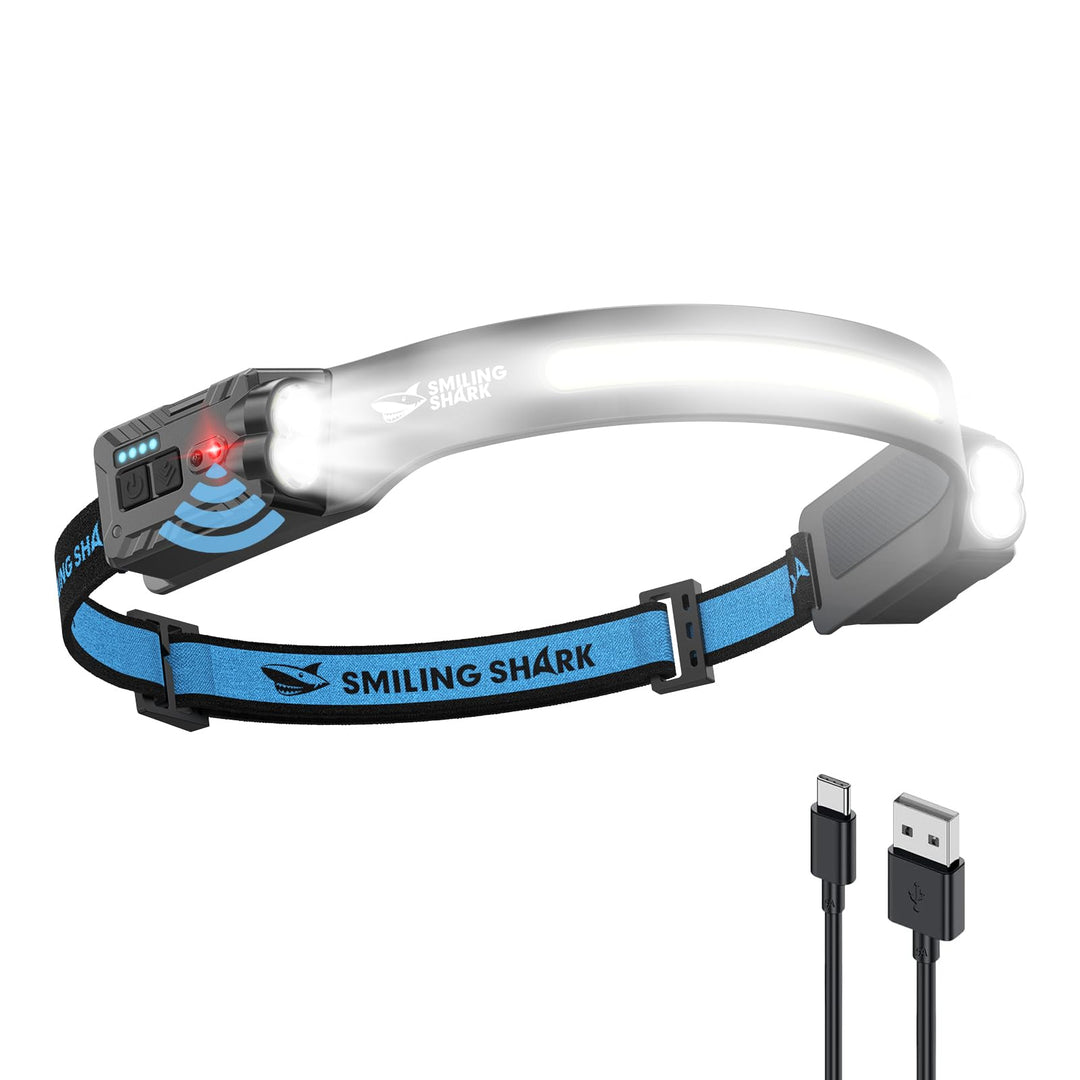 Smiling Shark Kopflampe, 2400mAh Ultra-Helle Wiederaufladbare Headlamp Weisses Licht & 2*Scheinwerfe