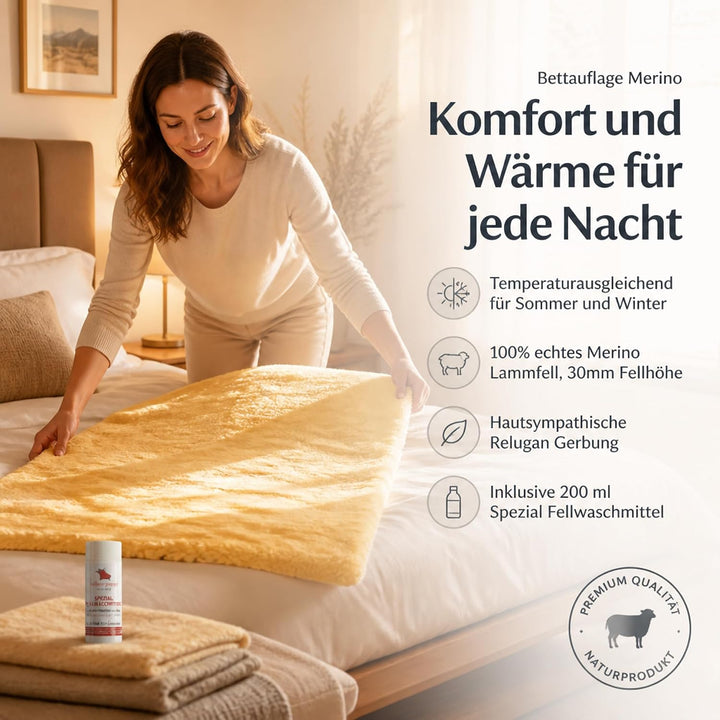 Bettauflage aus hochwertigem Merinolammfell – Besonders atmungsaktiv – Geeignet für Sommer und Winte