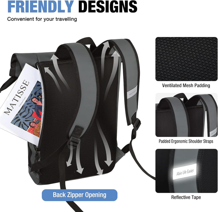 Rolltop Rucksack Damen & Herren, Elegant Laptop Rucksack Wasserdicht mit 17 Zoll Laptopfach, Grosser