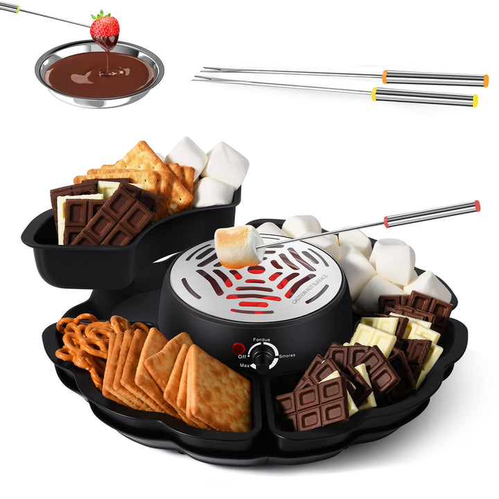 Schokoladenfondue, 2-in-1 Schokofondue Elektrisch & S’mores-Maker, Tischgerät für Innen mit 4 Röster