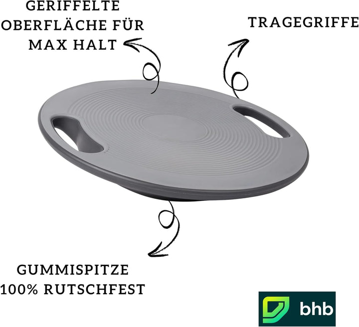 Bhb Balance Board mit Griffen, Grau, Ø 39,5 cm, bis 200 kg, rutschfest – Wackelbrett für Core Traini