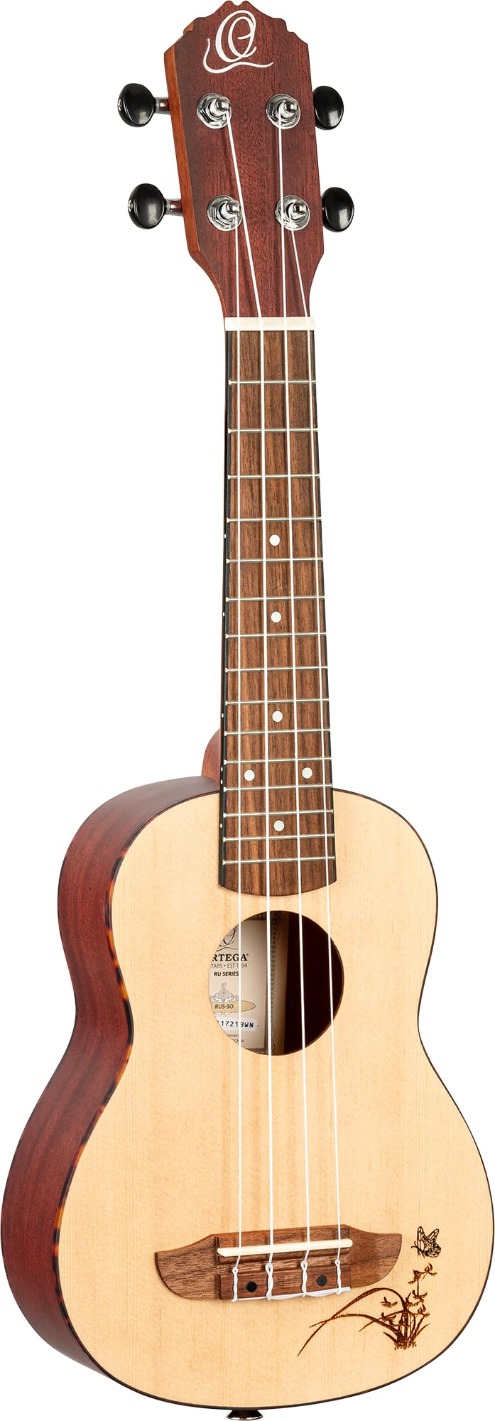 Ortega Guitars Soprano Ukulele - Bonfire Series - Fichtendecke mit lasergaviertem Motiv (RU5-SO)