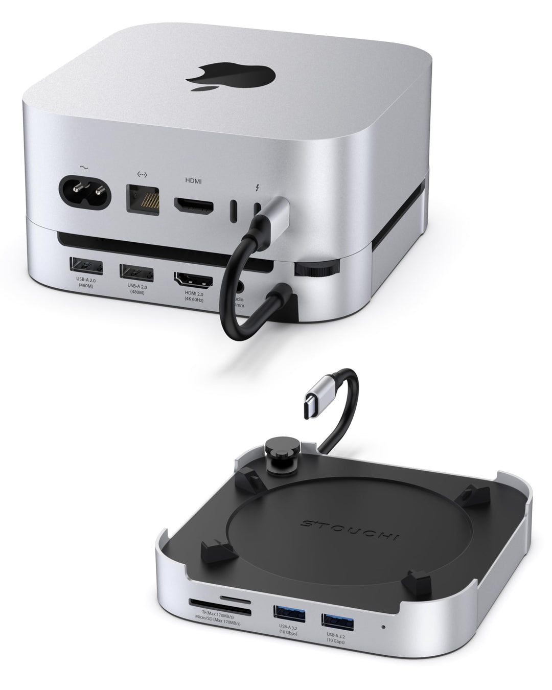 Stouchi Mac mini M4 Dock mit 8TB NVMe/SATA SSD-Gehäuse, 2X USB-A 10 Gbit/s, 4K HDMI, SD/TF-Slot, 2X