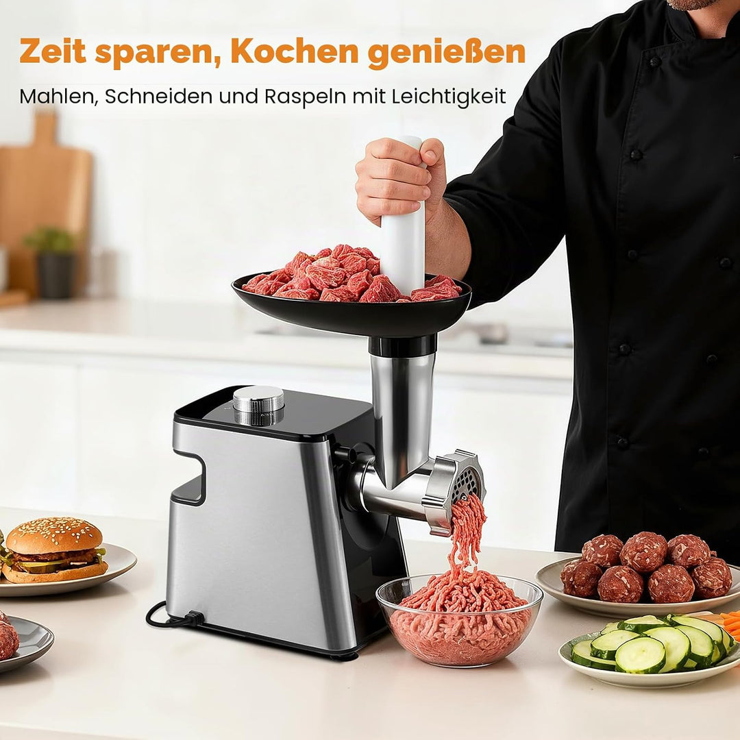 Fleischwolf Elektrisch 2800W, Küchenmaschine mit Gemüseaufsätzen und Käsereibe, 5-in-1 Multizerklein