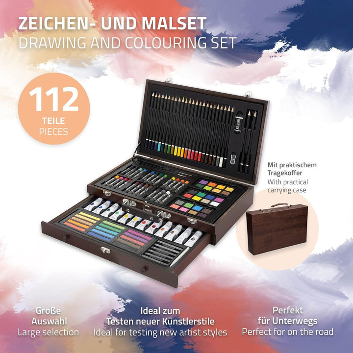 ECD Germany Zeichenset Malset 112 teilig, zum Zeichnen und Malen, Malkoffer aus Holz, für Kinder/Erw