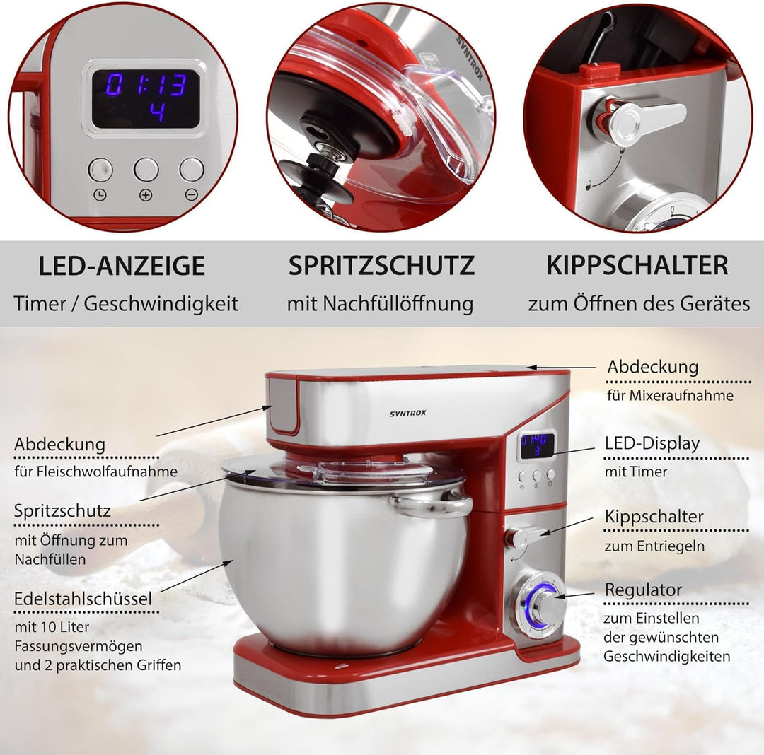 Syntrox Germany Lyon Edelstahl 10 Liter Küchenmaschine & Fleischwolf - Rot, Rot