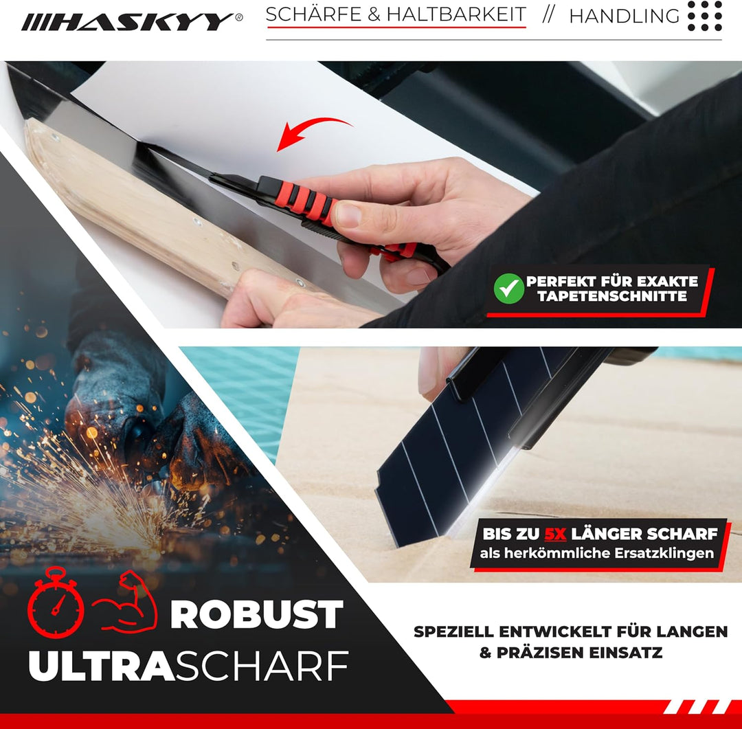 HASKYY Cuttermesser Teppichmesser Universal Professional Set 3 Stück inkl. 20 SK5-Hochkarbonstahl Kl