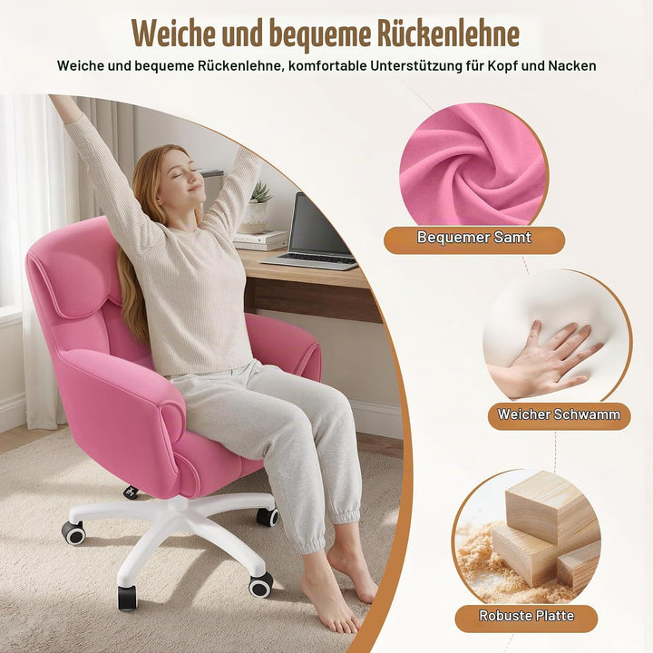 Ergonomischer Bürostuhl, Höhenverstellbarer Schreibtischstuhl mit Armlehnen, 360° Drehfunktion, Samt