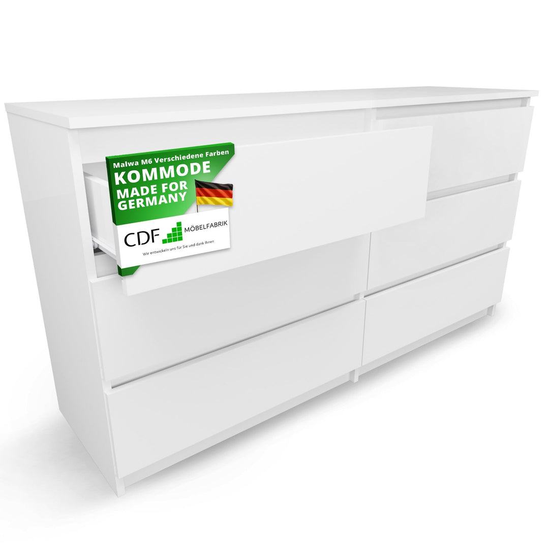 CDF Kommode Weiss mit 6 Schubladen 40 cm Tief Komodenschrank Komode für Wohnzimmer Schlafzimmer Schu