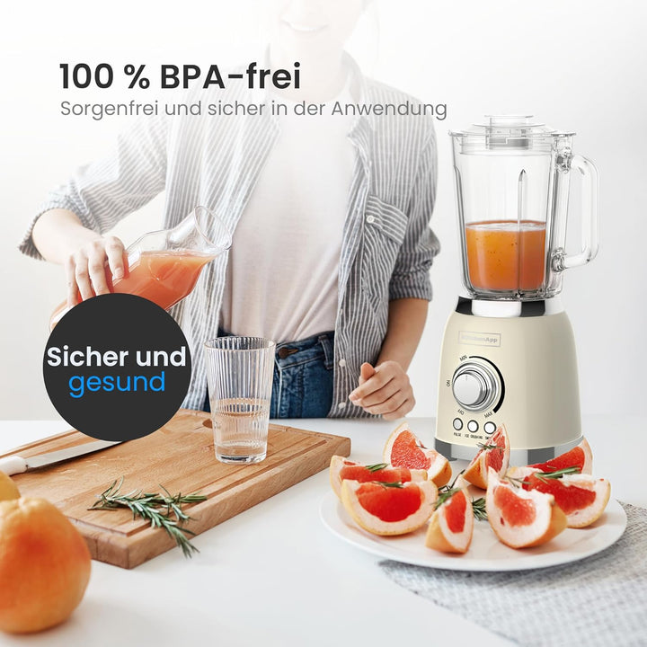 Retro Standmixer 1,5L mit Glaskanne – 800W Mixer mit Eiscrusher, Smoothie- & Pulse-Funktion, Beige