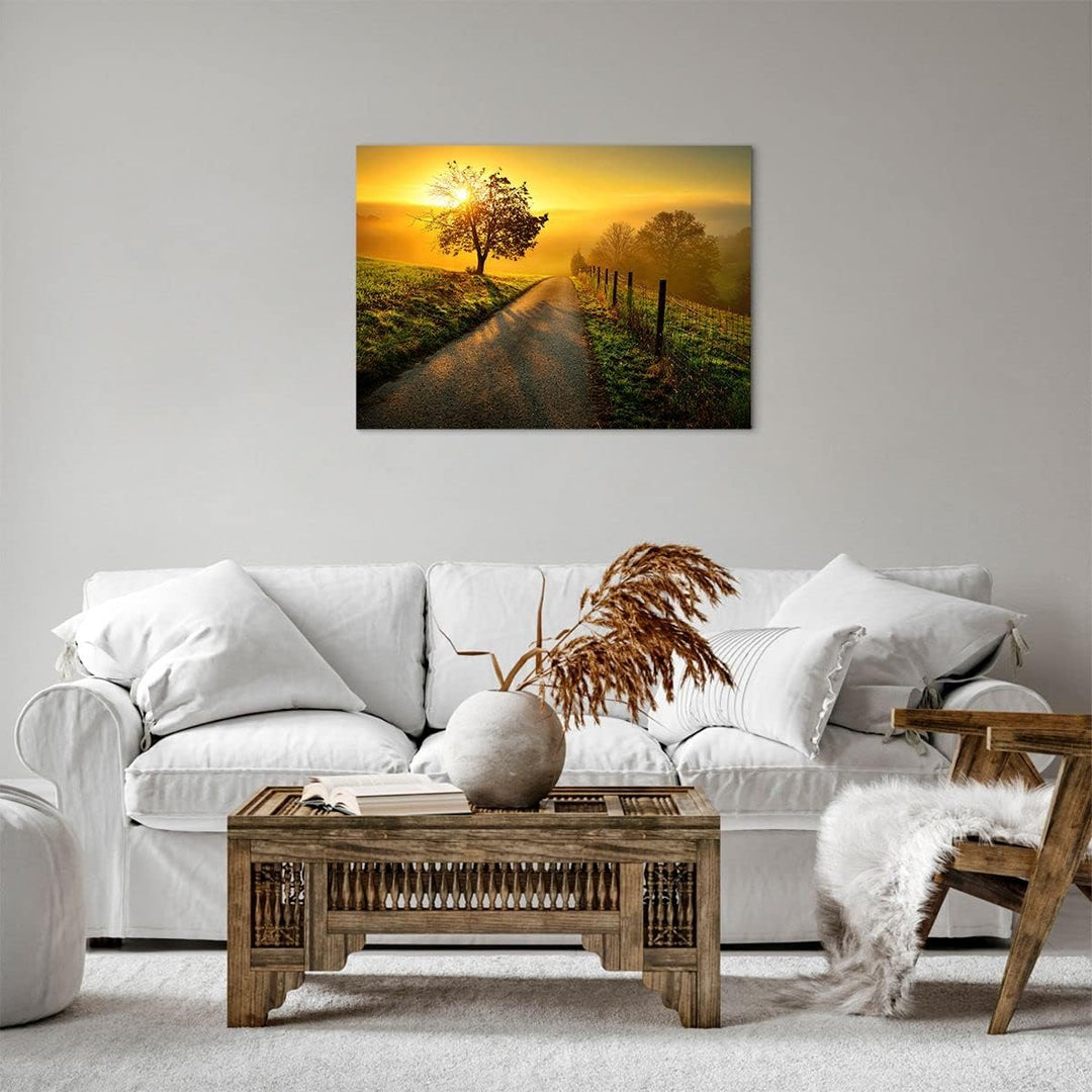 Bilder auf Leinwand Feld Strasse Baum Leinwandbild mit Rahmen 70x50cm Wandbilder Dekoration Wohnzimm