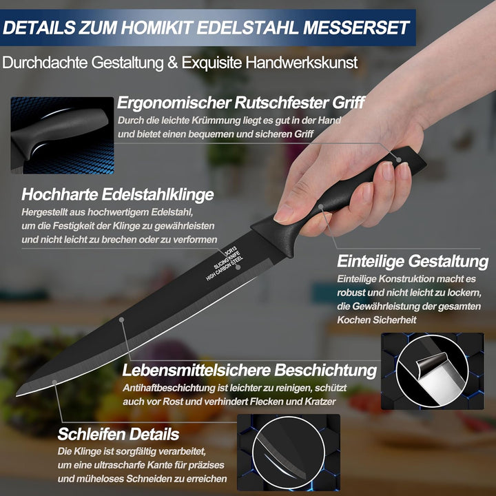 Homikit Küchenmesser Set, Edelstahl 6-tlg Messer Set mit Schutzhülle, Scharfes Messerset mit Kochmes