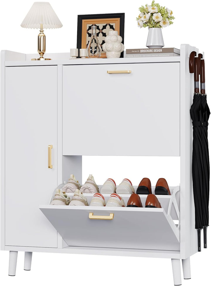 Schuhschrank mit 3 Klappen, Schmaler Schuhaufbewahrung mit Griffen,Freistehendes Schuhregal mit Mass