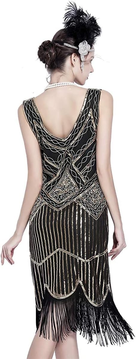 MIMIKRY 20er Jahre Charleston Pailletten Kleid Schwarz/Gold mit Fransen Flapper Damen-Kostüm XXL Sch
