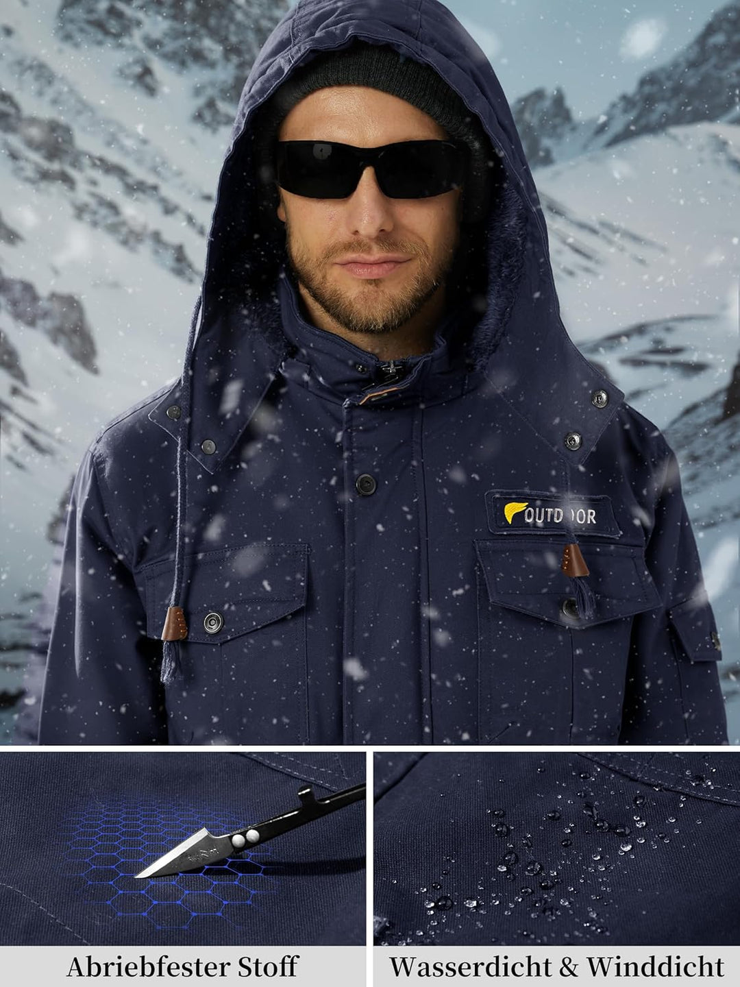 KEFITEVD Winterparka Herren Fleece Gefüttert Winterjacke mit Viele Taschen Kapuze Warm Winter Mantel