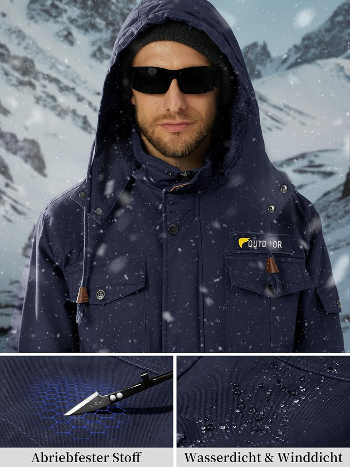 KEFITEVD Winterparka Herren Fleece Gefüttert Winterjacke mit Viele Taschen Kapuze Warm Winter Mantel