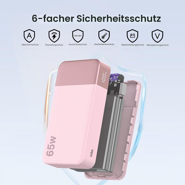 NOBIS Powerbank 20000mAh, 65W Schnellladung Power Bank, Tragbarer Ladegerät mit Digitalanzeige, Dual