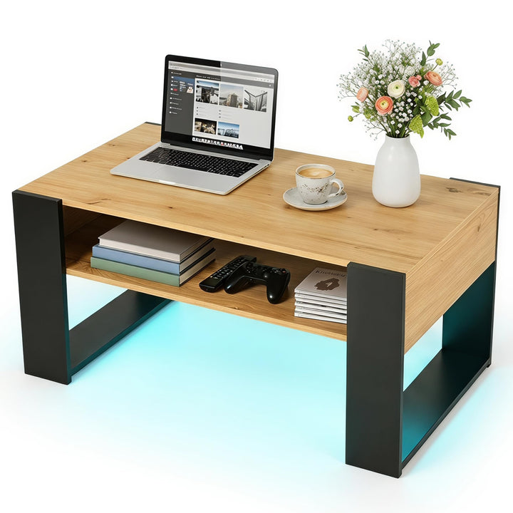 Couchtisch mit LED-Beleuchtung und Stauraum, Wohnzimmertisch Holz, Moderner Sofatisch mit U-förmigen