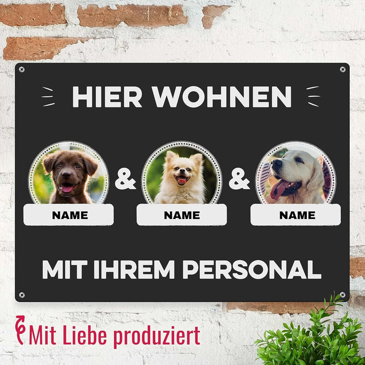 Hunde Schild personalisiert - Hier wohnt mit Personal - Metallschild mit Foto und Name für aussen, w