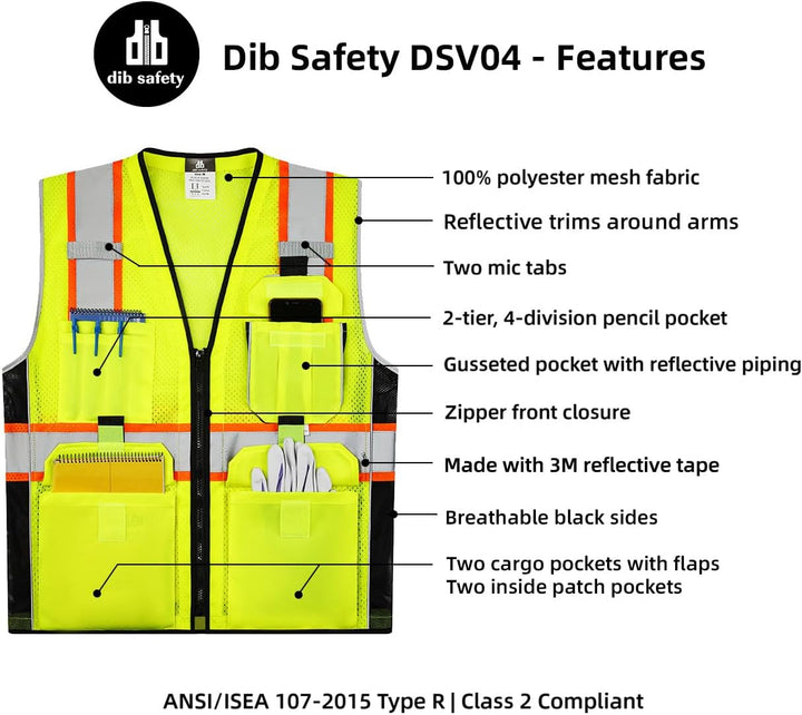 Dib Safety Reflektierende Warnweste mit Netztaschen, Reissverschluss mit 3M-Klebeband. S Gelb, S Gel