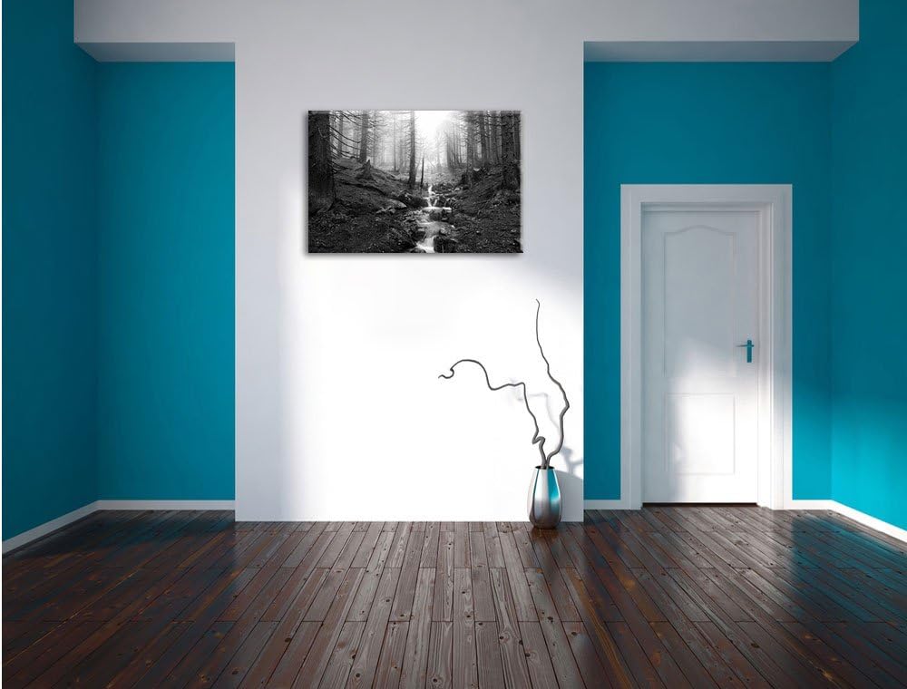 Bach im Wald Kunst B&W, Format: 100x70 auf Leinwand, XXL riesige Bilder fertig gerahmt mit Keilrahme