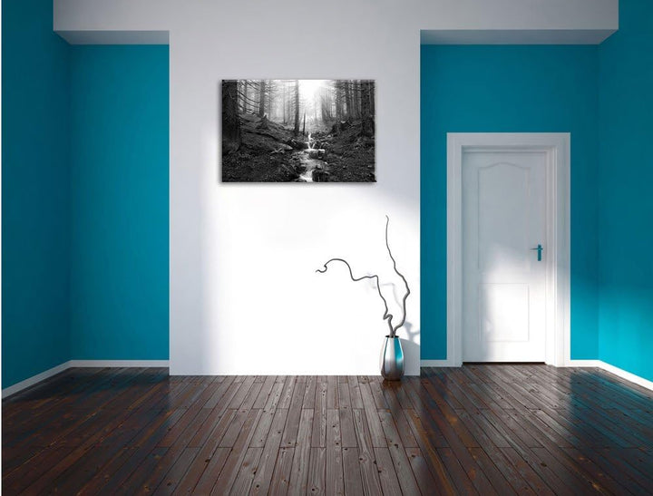 Bach im Wald Kunst B&W, Format: 100x70 auf Leinwand, XXL riesige Bilder fertig gerahmt mit Keilrahme
