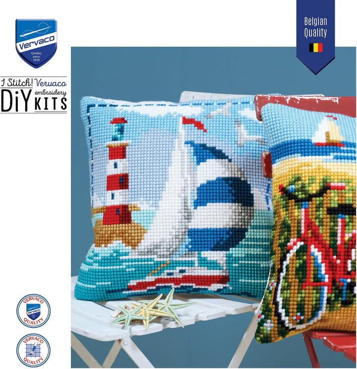 Vervaco Kreuzstichkissen Leuchtturm &amp; Segelboot, Stickbild vorgezeichnet Kreuzstichpackung Kissen, v