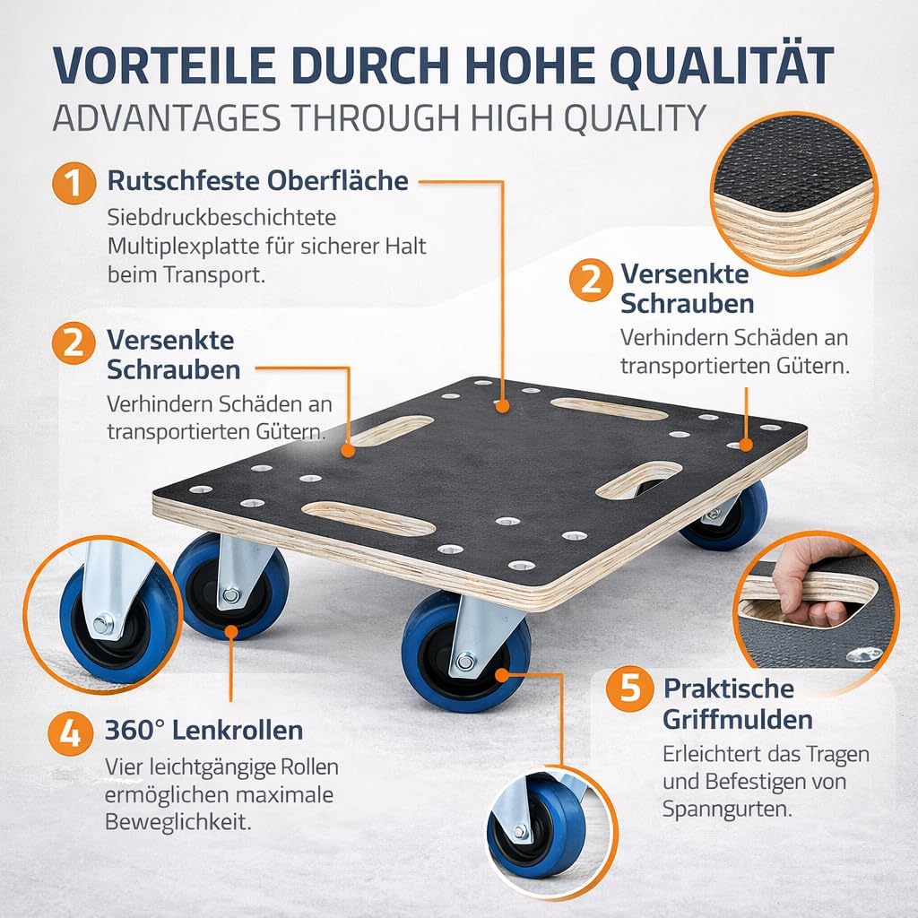 Möbelroller bis 800 kg Tragkraft - aus 18 mm Multiplex Holz mit Rutschfester Siebdruckplatte &amp; 4 Len