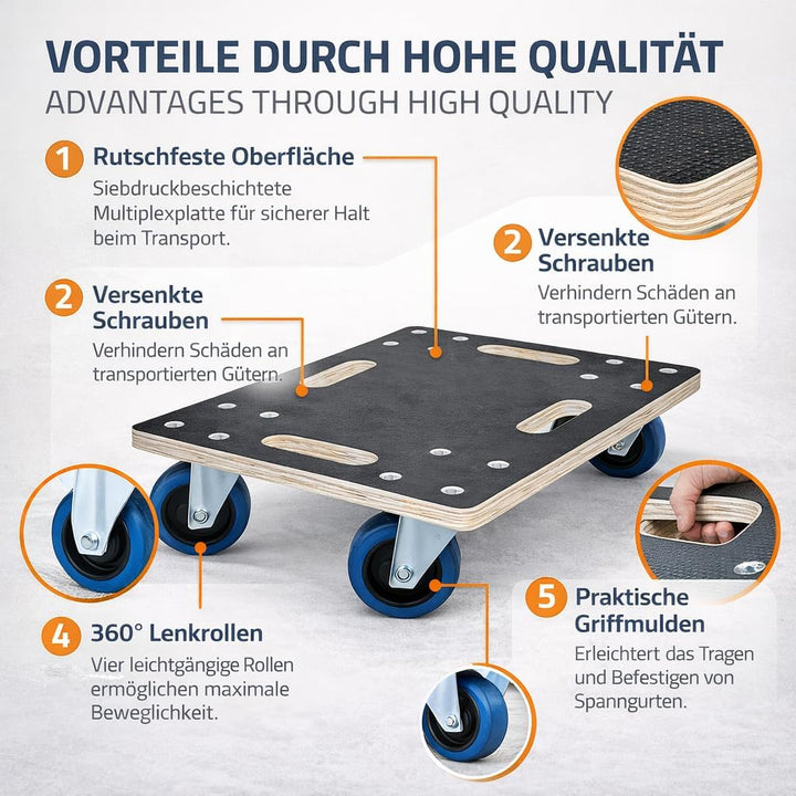 Möbelroller bis 800 kg Tragkraft - aus 18 mm Multiplex Holz mit Rutschfester Siebdruckplatte &amp; 4 Len