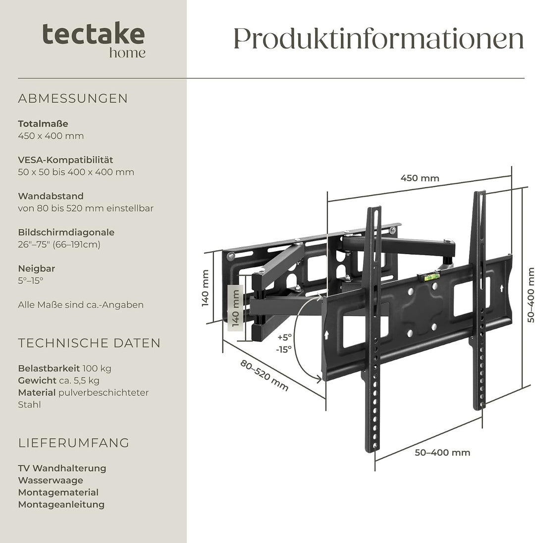 tectake® TV Wandhalterung schwenkbar für Fernseher, Bildschirm Halterung, Monitor Halterung, neigbar