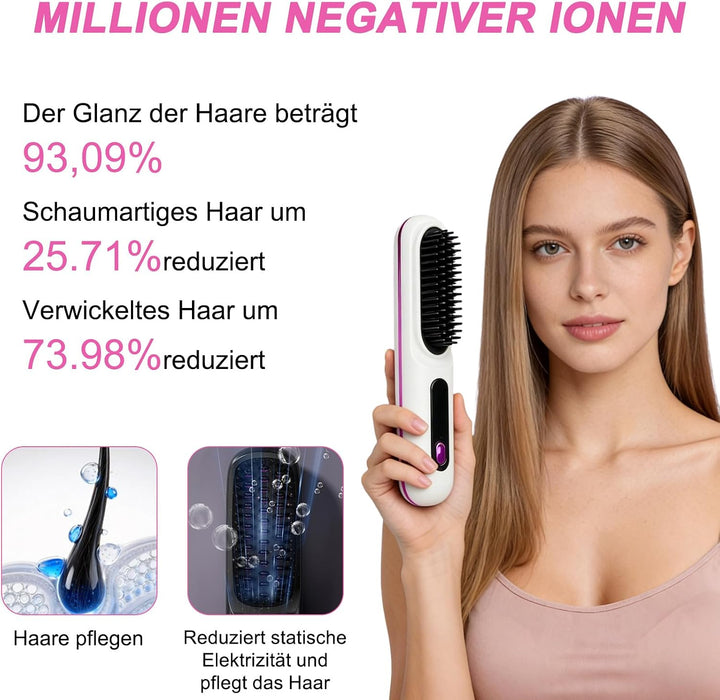 Glättbürste Kabellos - Glättbürste Kabellos mit 3 Wärmestufen, Tragbarer Stylingbürste für Kurze Haa