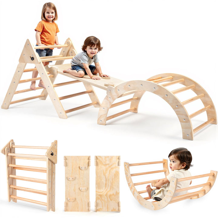 RUIE Klettergerüst Indoor 7-in-1 Kletterdreieck mit Rutsche, Hölzernes Kletterdreieck Set für klette