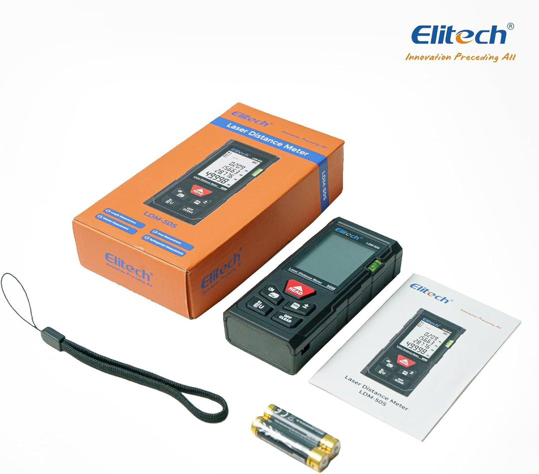 Elitech LDM-50-Series Laser Entfernungsmesser 50m Reichweite, ±2mm Genauigkeit, Flächen-/Volumen-/Py