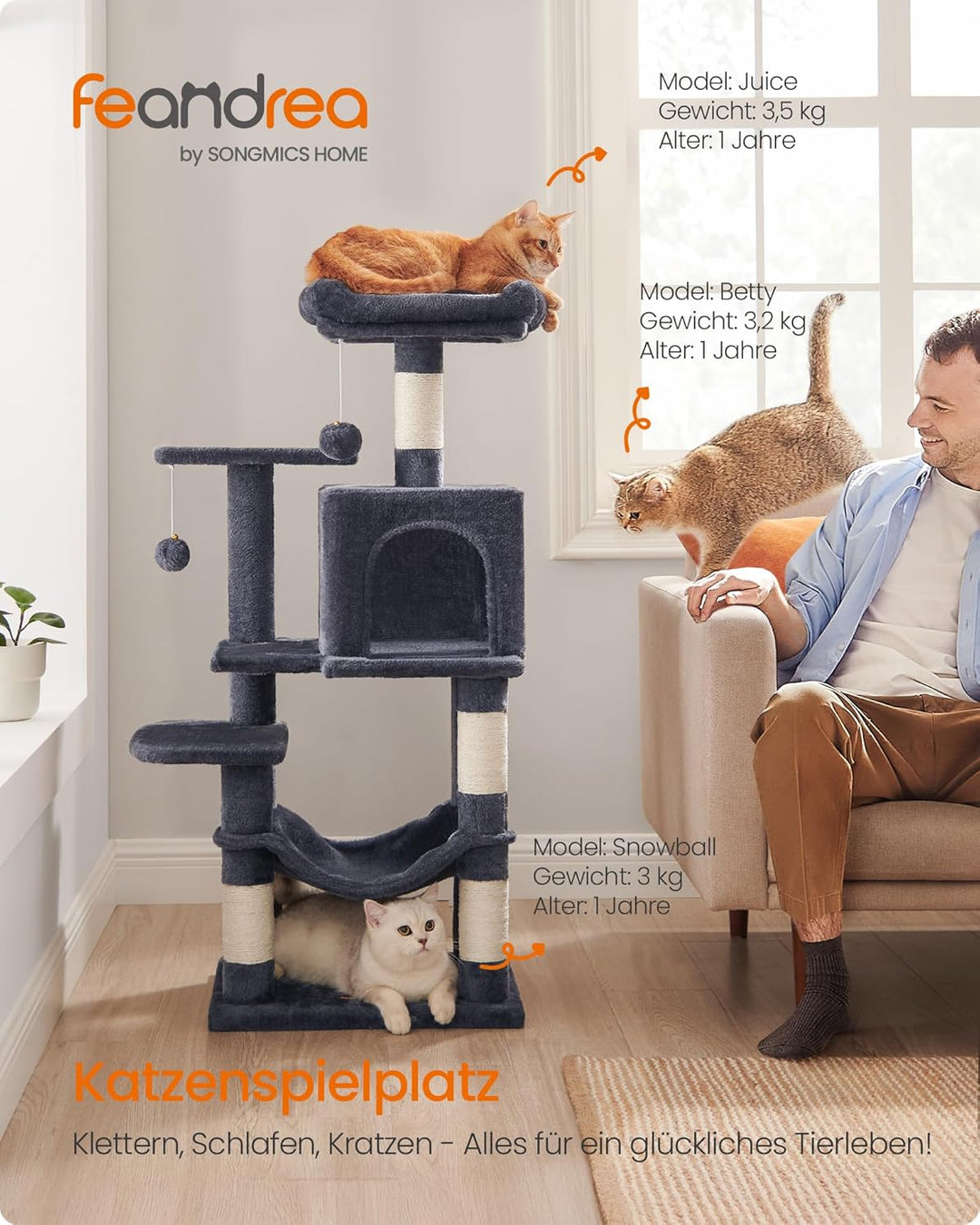 Feandrea Kratzbaum, 112 cm hoch, Katzenbaum, mehrstöckiges Katzenhaus, mit 4 Kratzsäulen, 2 Plattfor