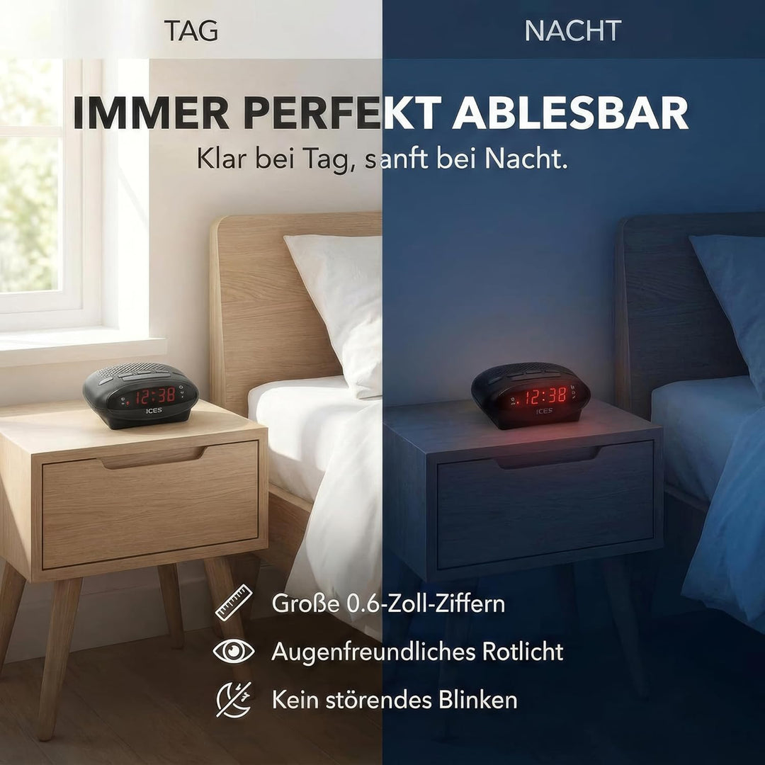 iCES ICR-210 Uhrenradio - Radiowecker mit 2 Weckzeiten - PLL FM - Schlummerfunktion - Sleeptimer - G
