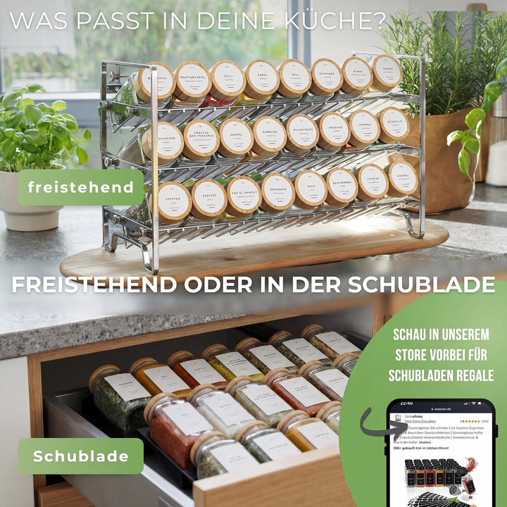 Havenhaus Gewürzregal Set Edelstahl | Gewürzregal stehend inkl. 24 Gewürzgläser+ 336 Gewürzetiketten