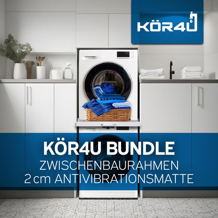 kör4u Premium Antivibrationsmatte 60x60x2cm & kör4u Zwischenbaurahmen weiss mit Ausziehplatte, Stahl