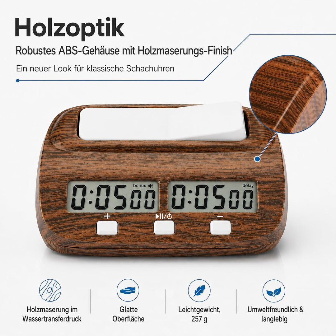 Digitale Schachuhr Timer, Professional Elektronischer Schachtimer Holz Brettspielzähler, Schach Uhr