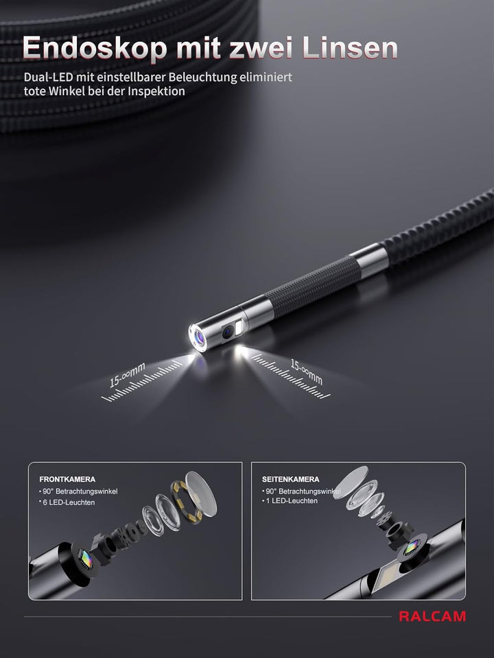 Ralcam Endoskopkamera mit Licht, Endoscope Camera mit 180° beweglichem Kopf, 6,5mm Dual-Sonde, 5" HD
