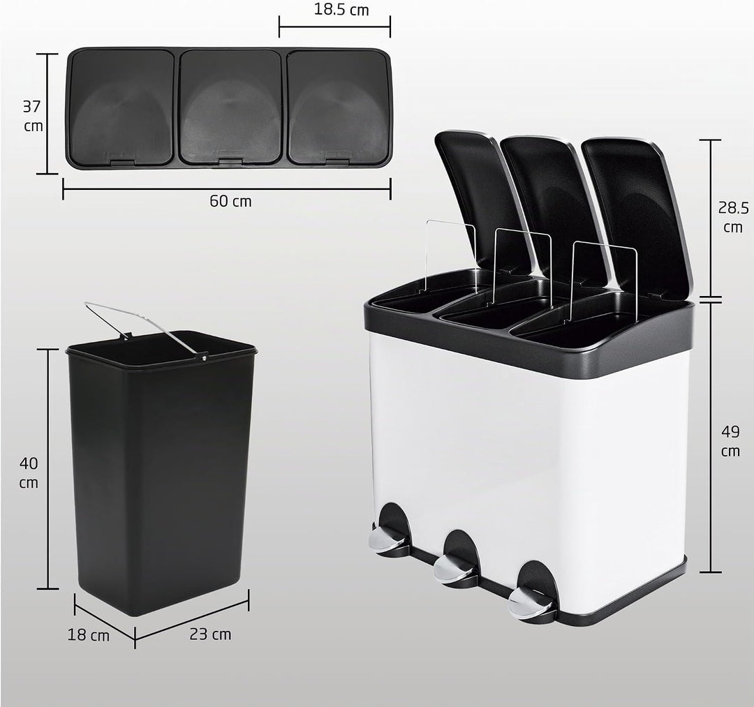Amig - Dreifacher Mülleimer mit Pedalen 45 Liter | 3 herausnehmbare 15-Liter-Fächer | Recyclingbehäl