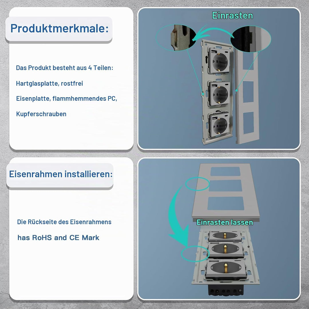 BSEED Triple Schuko Wand Steckdose mit USB &amp; Typ C Glas 3 in 1 Unterputz Steckdosen 3 Weg mit 2.1 A