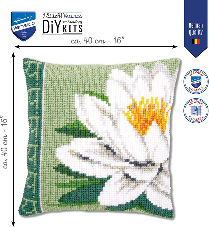 Vervaco Kreuzstichkissen weisse Lotus Blume Kreuzstickpackung vorgedruckt, Stramin, 40 x 40 x 0,3 cm