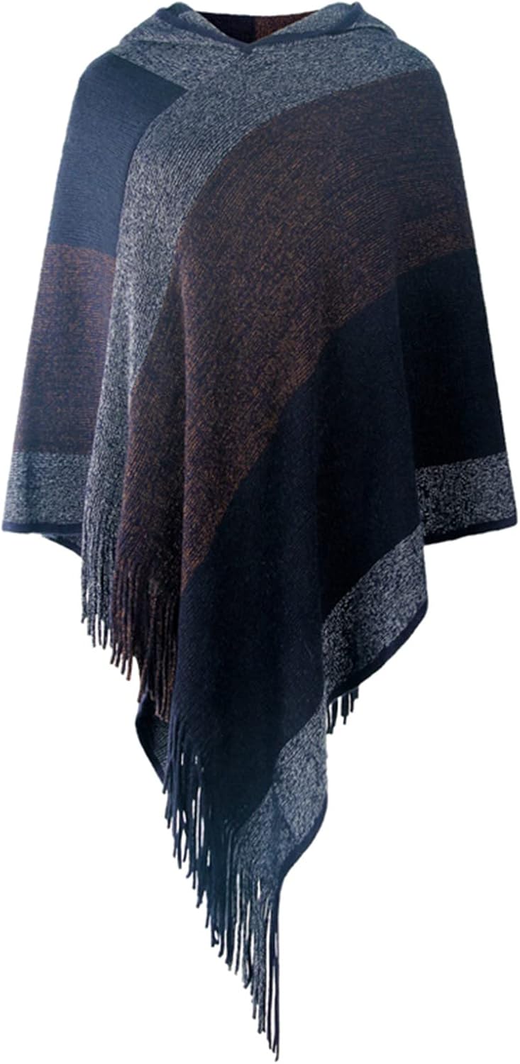Wahuan Eleganter Bequemer Damen Poncho Pullover mit Chevronstreifen und Fransen Poncho Cape Retro Ca